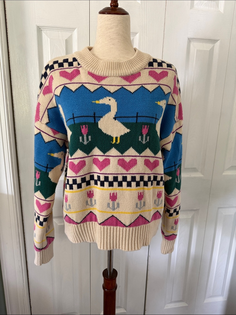 Kina & Tam Duck Goose Heart Flower Cottagecore Warm Winter Sweater Sz M